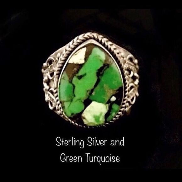 VINTAGE Green Turquoise Sterling Silver 925 Ring Sz 6-1/2 - Picture 9 of 9